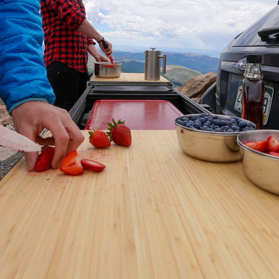 Chefrack hitch mounted camp kitchen features 5.5 square feet of real bamboo countertops. Chef Rack.